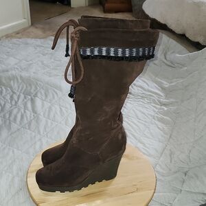 Diane Von Furstenberg Dark Brown Suede Wedge Boots Knee High Womens 10